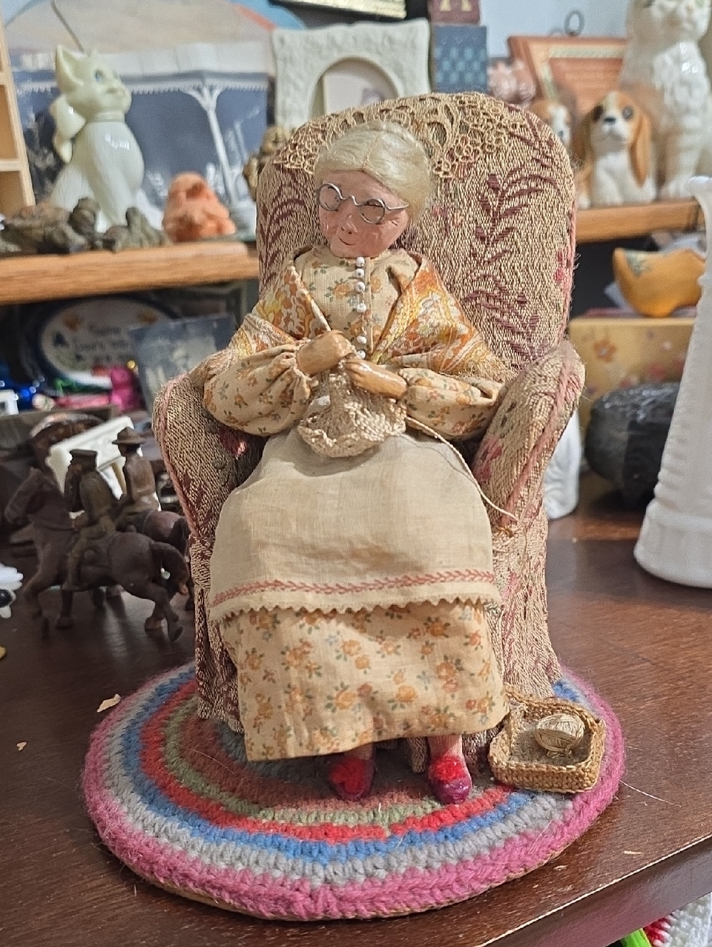 Handmade Granny Doll in Pink Floral Dress and Shawl
